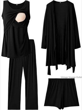 Large Nursing Pajama Set with Robe, 4-Piece Maternity Sleepwear